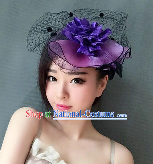 Handmade Vintage Hair Accessories Veil Purple Flower Top Hat Headwear, Bride Ceremonial Occasions Model Show Headdress