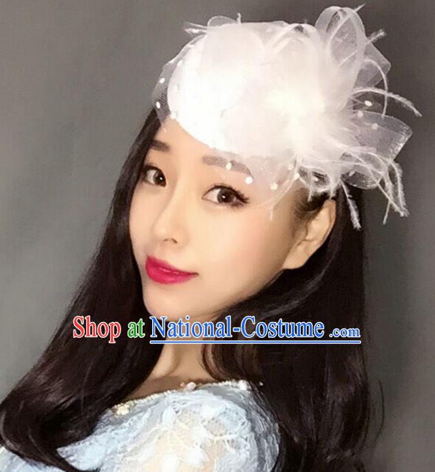 Handmade Vintage Hair Accessories Veil White Flower Top Hat Headwear, Bride Ceremonial Occasions Model Show Headdress