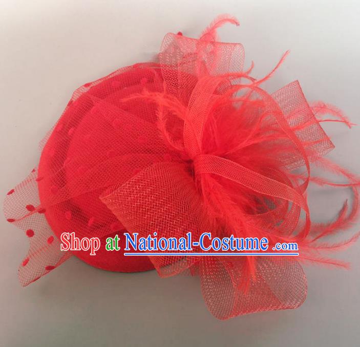 Handmade Vintage Hair Accessories Veil Red Flower Top Hat Headwear, Bride Ceremonial Occasions Model Show Headdress