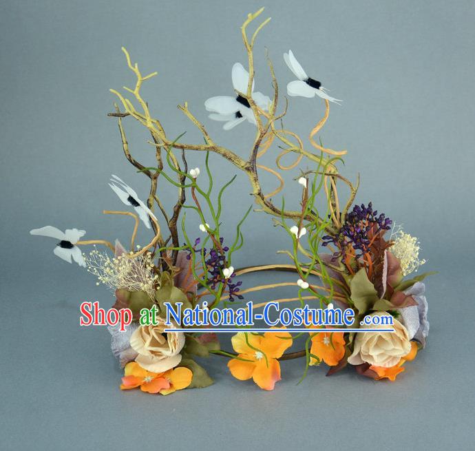 Handmade Exaggerate Fancy Ball Hair Accessories Branch Flowers Headwear, Halloween Ceremonial Occasions Model Show Headdress