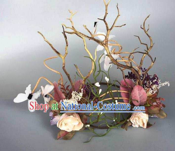 Handmade Exaggerate Fancy Ball Hair Accessories Branch Flowers Butterfly Headwear, Halloween Ceremonial Occasions Model Show Headdress