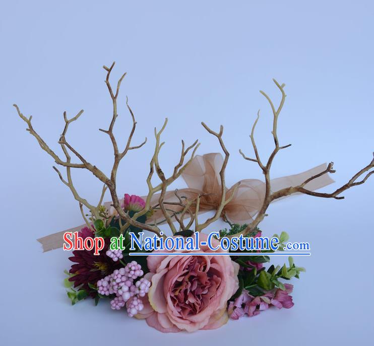 Handmade Exaggerate Fancy Ball Hair Accessories Branch Pink Flowers Headwear, Halloween Ceremonial Occasions Model Show Headdress