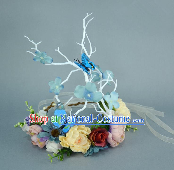 Handmade Exaggerate Fancy Ball Hair Accessories Branch Blue Flowers Butterfly Headwear, Halloween Ceremonial Occasions Model Show Headdress