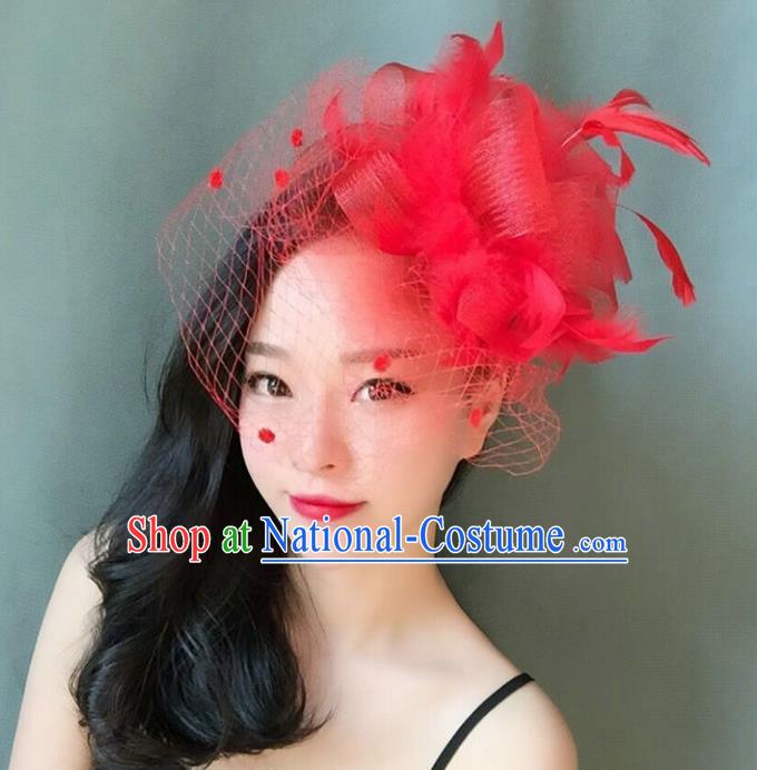 Handmade Wedding Hair Accessories Red Veil Feather Top Hat, Bride Ceremonial Occasions Vintage Headwear