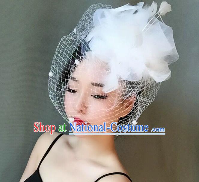 Handmade Wedding Hair Accessories White Veil Feather Top Hat, Bride Ceremonial Occasions Vintage Headwear