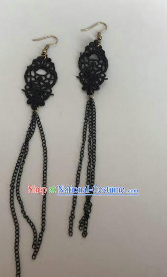 Handmade Wedding Accessories Black Lace Tassel Earrings, Bride Ceremonial Occasions Vintage Eardrop