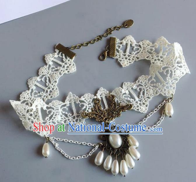 Handmade Wedding Accessories White Lace Pearls Tassel Necklace, Bride Ceremonial Occasions Vintage Necklet for Women