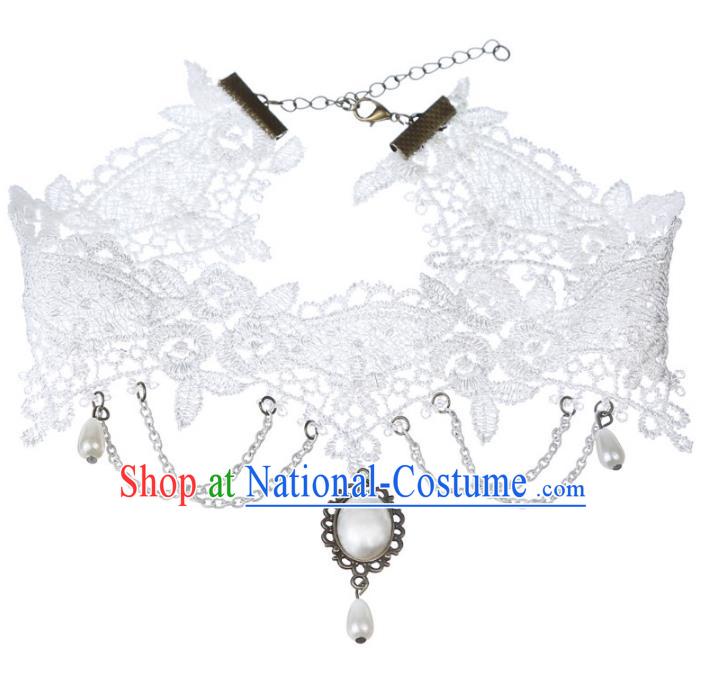 Handmade Wedding Accessories White Lace Pearls Tassel Necklace, Bride Ceremonial Occasions Vintage Necklet for Women