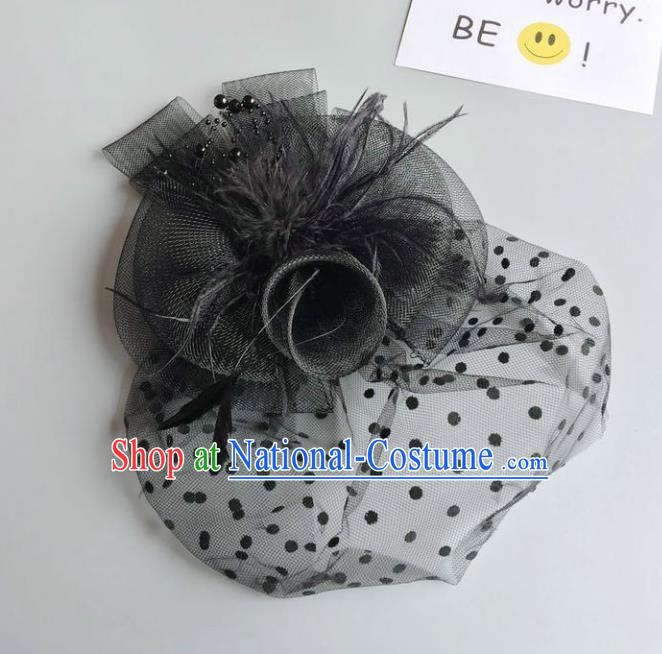 Handmade Baroque Hair Accessories Black Feather Headwear, Bride Ceremonial Occasions Vintage Veil Top Hat for Kids