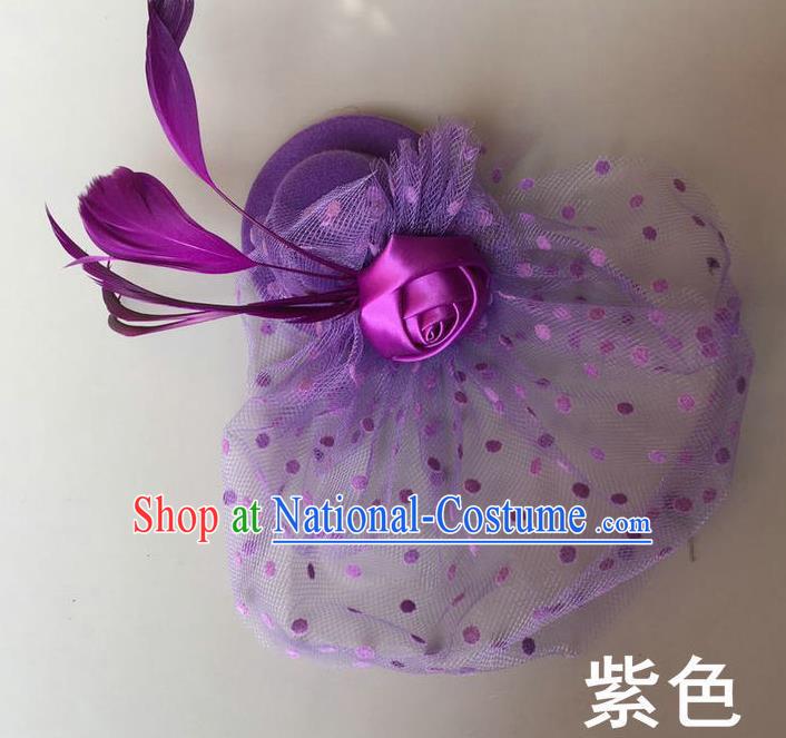 Handmade Baroque Hair Accessories Purple Feather Headwear, Bride Ceremonial Occasions Vintage Veil Top Hat for Kids