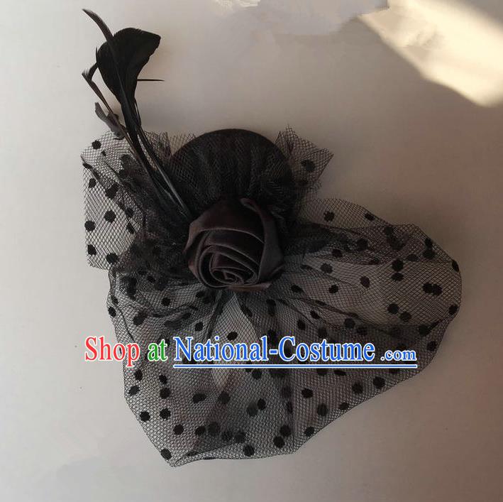 Handmade Baroque Hair Accessories Black Feather Headwear, Bride Ceremonial Occasions Vintage Veil Top Hat for Kids