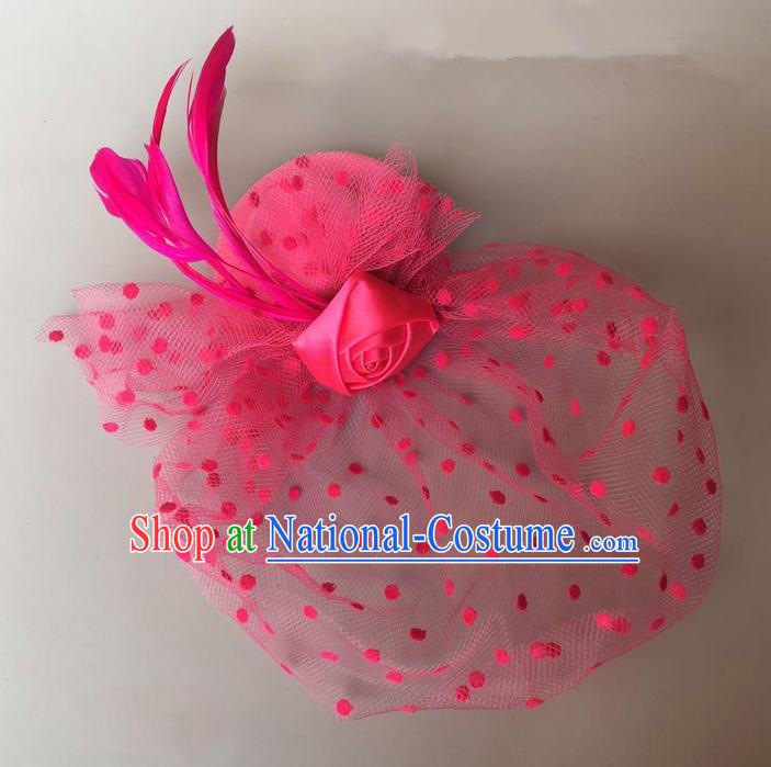 Handmade Baroque Hair Accessories Pink Feather Headwear, Bride Ceremonial Occasions Vintage Veil Top Hat for Kids