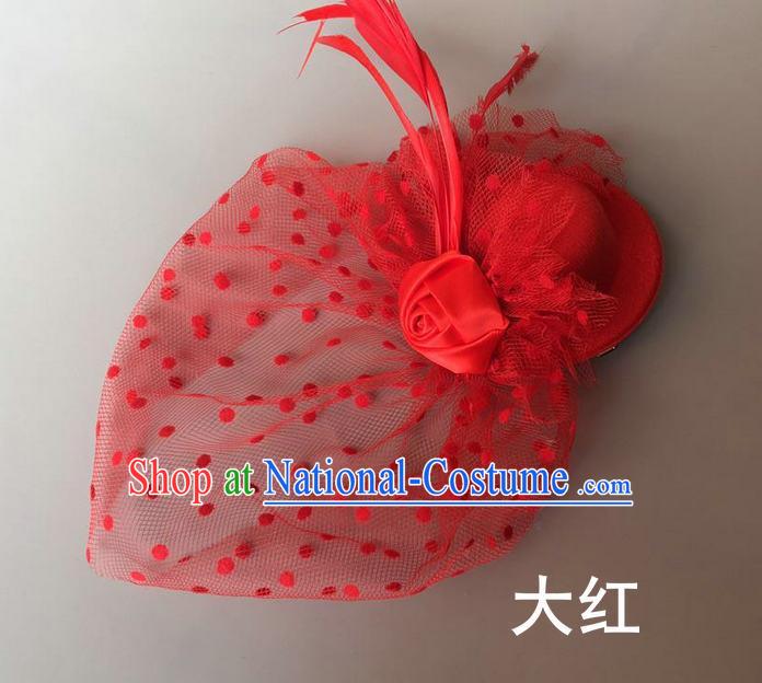 Handmade Baroque Hair Accessories Red Feather Headwear, Bride Ceremonial Occasions Vintage Veil Top Hat for Kids