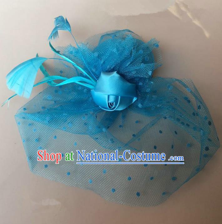 Handmade Baroque Hair Accessories Blue Feather Headwear, Bride Ceremonial Occasions Vintage Veil Top Hat for Kids