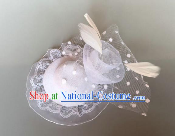 Handmade Baroque Hair Accessories White Veil Headwear, Bride Ceremonial Occasions Vintage Feather Top Hat for Women