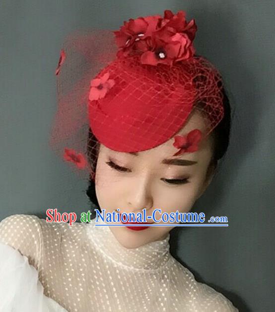 Handmade Baroque Hair Accessories Red Veil Flowers Headwear, Bride Ceremonial Occasions Vintage Top Hat for Women