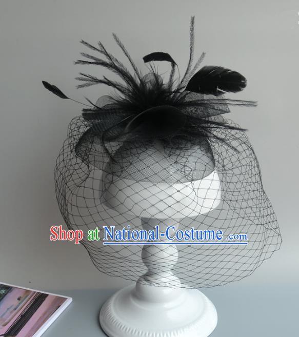 Handmade Baroque Hair Accessories Black Veil Feather Headwear, Bride Ceremonial Occasions Vintage Top Hat for Women