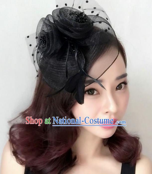 Handmade Baroque Wedding Hair Accessories Black Veil Flowers Headwear, Bride Ceremonial Occasions Vintage Hair Clasp for Women