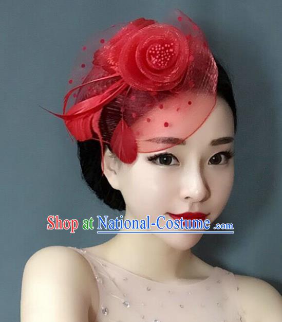 Handmade Baroque Wedding Hair Accessories Red Veil Flowers Headwear, Bride Ceremonial Occasions Vintage Hair Clasp for Women