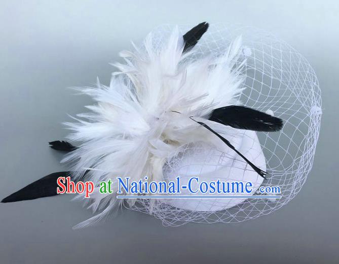 Handmade Baroque Wedding Hair Accessories White Feather Flowers Headwear, Bride Ceremonial Occasions Vintage Top Hat for Women