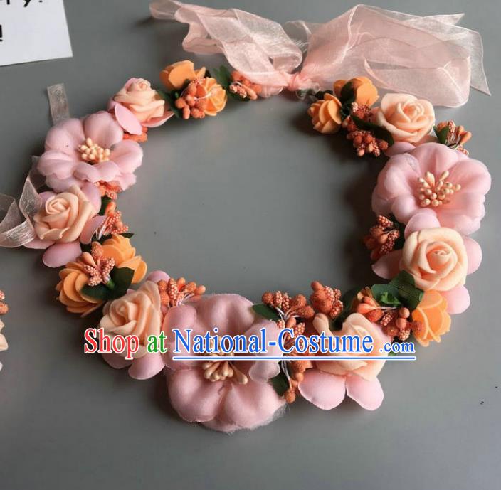 Handmade Baroque Wedding Hair Accessories Light Pink Flowers Garland Headwear, Bride Ceremonial Occasions Vintage Hair Clasp for Women