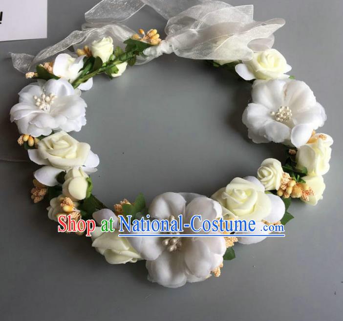 Handmade Baroque Wedding Hair Accessories White Flowers Garland Headwear, Bride Ceremonial Occasions Vintage Hair Clasp for Women