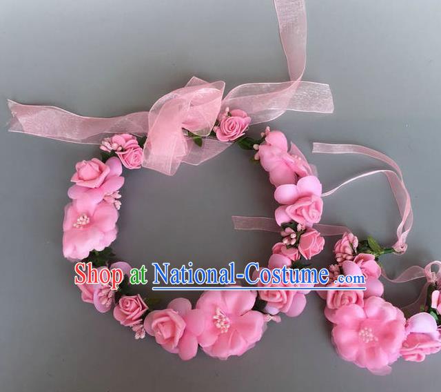 Handmade Baroque Wedding Hair Accessories Pink Flowers Garland Headwear, Bride Ceremonial Occasions Vintage Hair Clasp for Women