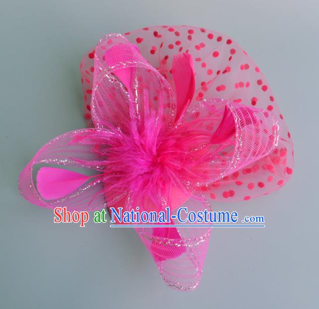 Handmade Baroque Wedding Hair Accessories Pink Veil Feather Headwear, Bride Ceremonial Occasions Vintage Top Hat for Women