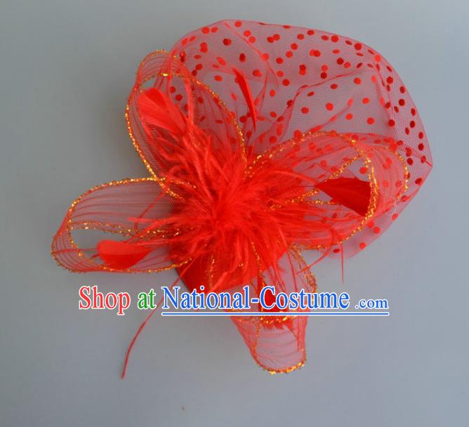 Handmade Baroque Wedding Hair Accessories Red Veil Feather Headwear, Bride Ceremonial Occasions Vintage Top Hat for Women