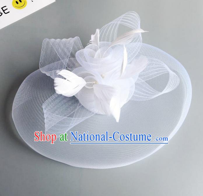 Handmade Baroque Wedding Hair Accessories White Veil Feather Headwear, Bride Ceremonial Occasions Vintage Top Hat for Women