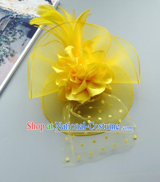 Handmade Wedding Hair Accessories Yellow Lace Headwear, Bride Ceremonial Occasions Vintage Top Hat