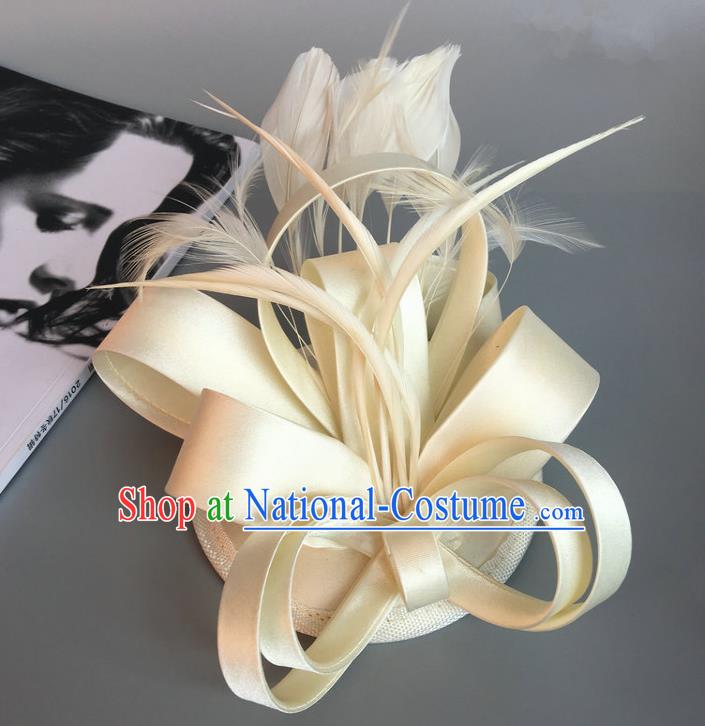 Handmade Wedding Hair Accessories Beige Feather Headwear, Bride Ceremonial Occasions Vintage Top Hat