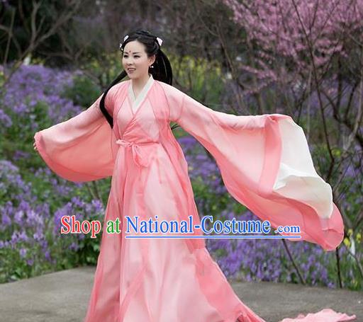 Traditional Chinese Ancient Peri Embroidered Costume, China Ten great III of peach blossom Princess Fairy Pink Dress Clothing