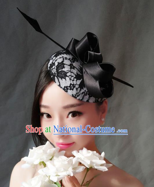 Handmade Baroque Wedding Hair Accessories Headwear, Bride Ceremonial Occasions Vintage Black Lace Top Hat for Women