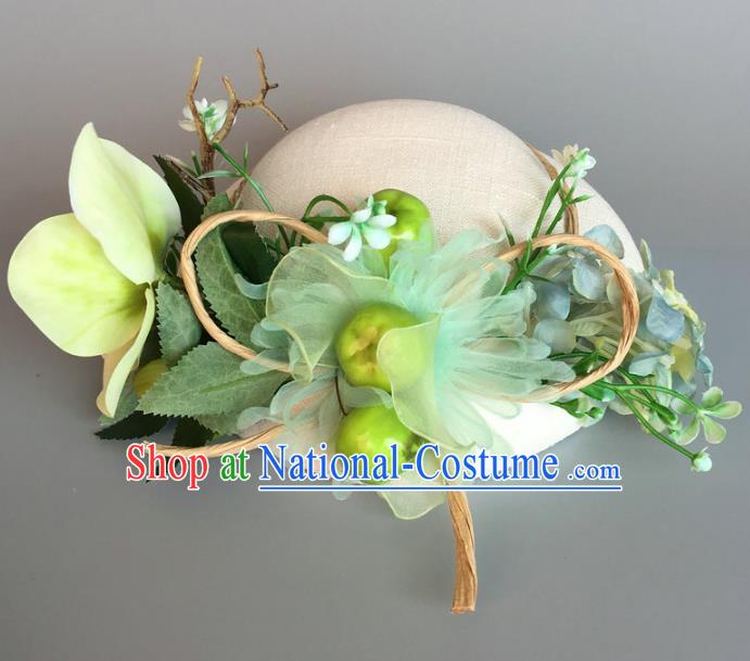 Handmade Baroque Hair Accessories Model Show Green Silk Top Hat, Bride Ceremonial Occasions Flowers Headwear for Women