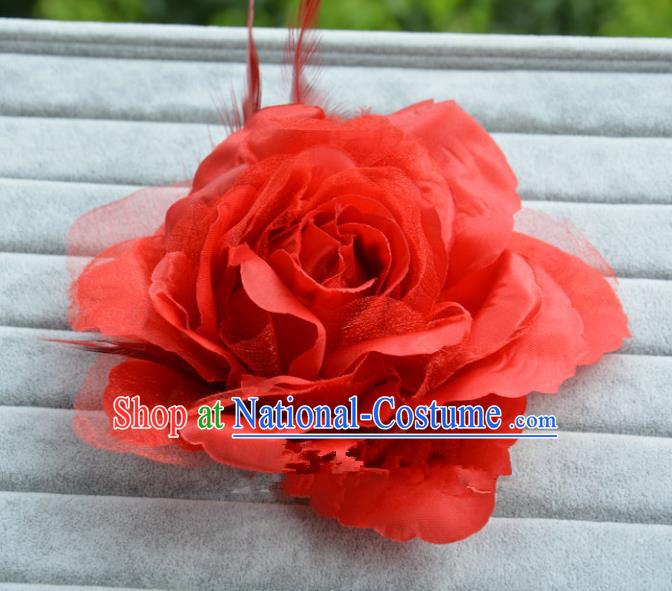 Handmade Baroque Hair Accessories Model Show Red Feather Flower Hair Stick, Bride Ceremonial Occasions Headwear for Women