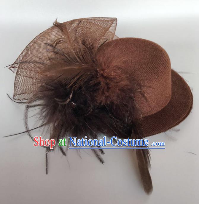 Handmade Baroque Hair Accessories Model Show Brown Feather Top Hat, Bride Ceremonial Occasions Headwear for Women