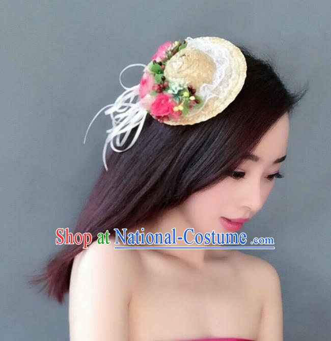 Handmade Baroque Hair Accessories Model Show Flowers Straw Hats, Bride Ceremonial Occasions Headwear for Women