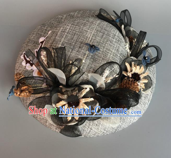 Handmade Baroque Hair Accessories Model Show Flowers Grey Top Hat, Bride Ceremonial Occasions Headwear for Women