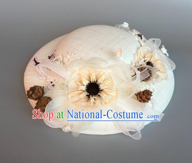 Handmade Baroque Hair Accessories Model Show Flowers White Top Hat, Bride Ceremonial Occasions Headwear for Women