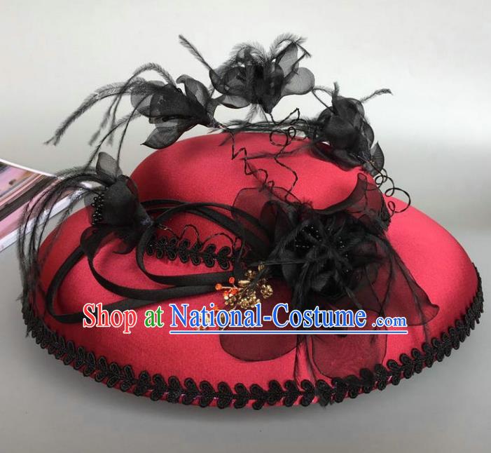 Top Grade Handmade Wedding Hair Accessories Feather Red Top Hat, Baroque Style Bride Headdress for Women