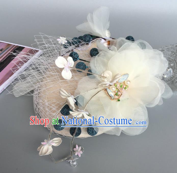 Handmade Baroque Wedding Hair Accessories Beige Flowers Headwear, Bride Ceremonial Occasions Vintage Top Hat for Women