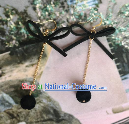 Handmade Wedding Accessories Black Bowknot Earrings, Bride Ceremonial Occasions Tassel Eardrop for Women