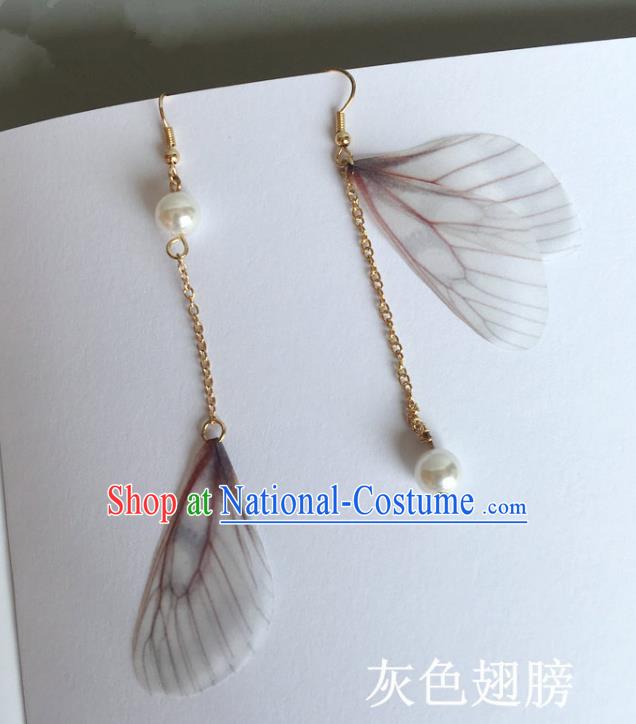 Handmade Wedding Accessories Grey Wing Earrings, Bride Ceremonial Occasions Pearl Tassel Eardrop for Women