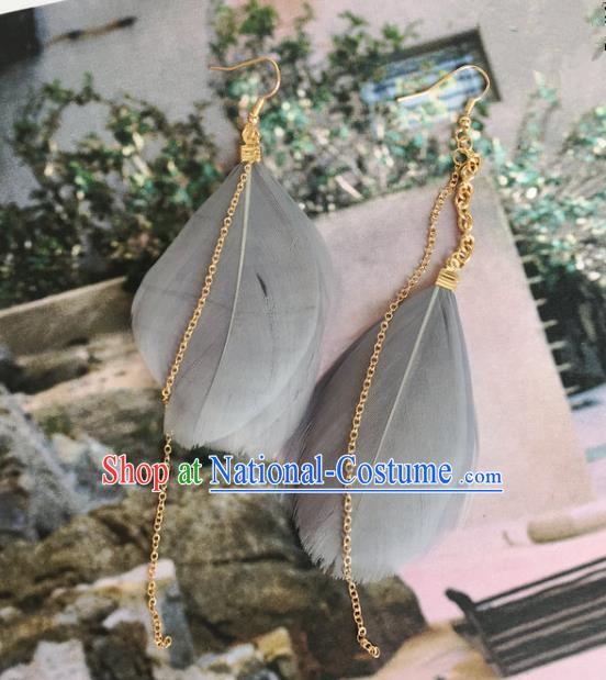 Handmade Wedding Accessories Grey Feather Earrings, Bride Ceremonial Occasions Tassel Eardrop for Women