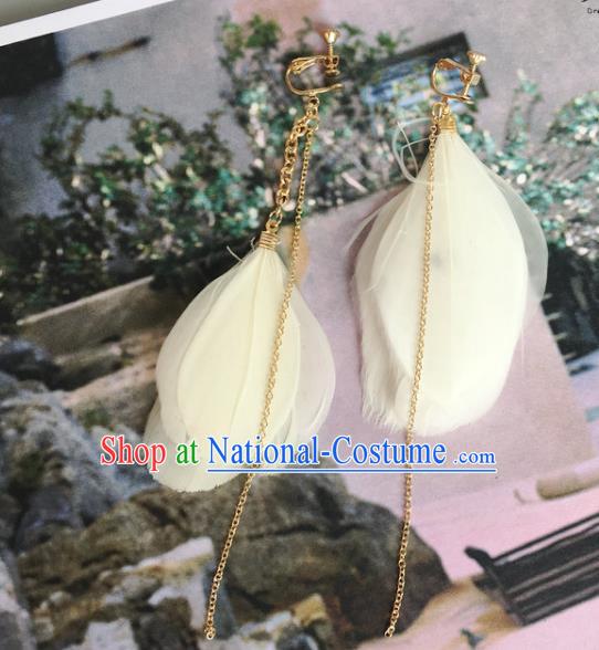 Handmade Wedding Accessories Beige Feather Earrings, Bride Ceremonial Occasions Tassel Eardrop for Women