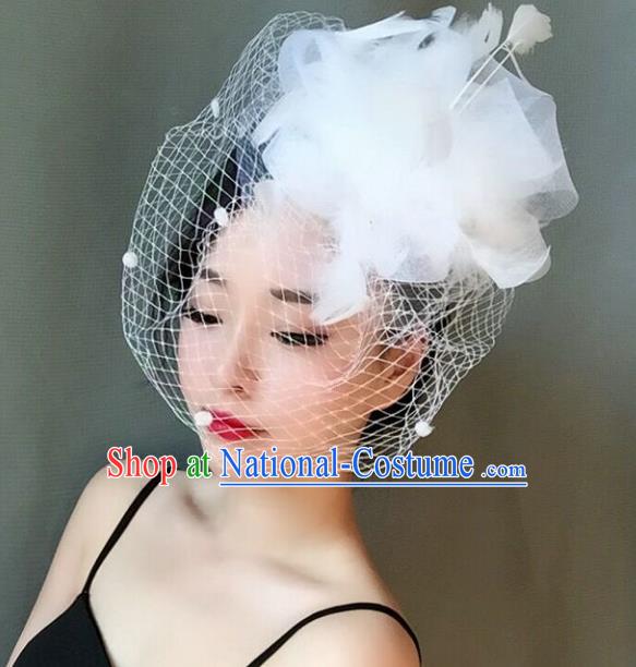 Handmade Baroque Hair Accessories White Feather Headwear, Bride Ceremonial Occasions Veil Headpiece for Women