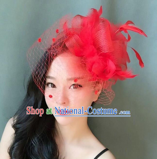 Handmade Baroque Hair Accessories Red Feather Headwear, Bride Ceremonial Occasions Veil Headpiece for Women