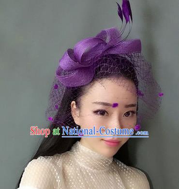 Handmade Baroque Hair Accessories Purple Feather Headwear, Bride Ceremonial Occasions Veil Hat for Women