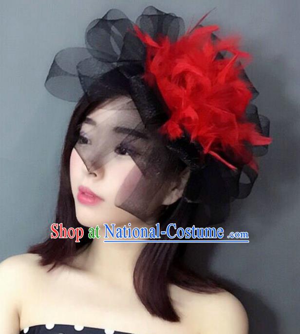 Handmade Baroque Hair Accessories Red Feather Headwear, Bride Ceremonial Occasions Top Hat for Women